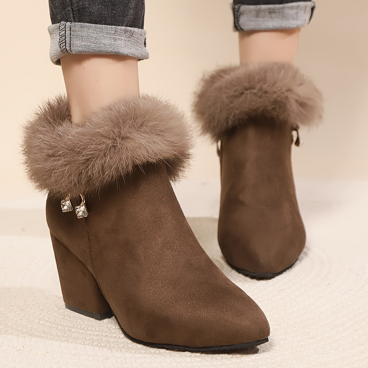 Dark brown faux fur trim ankle boots, worn view