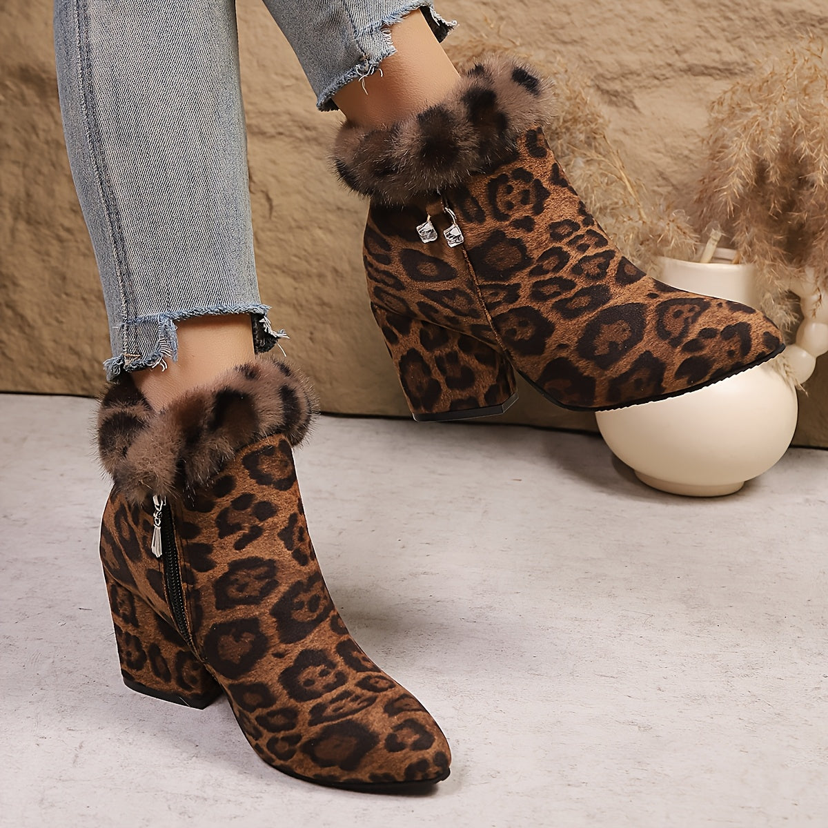 Leopard print faux fur trim ankle boots, worn view