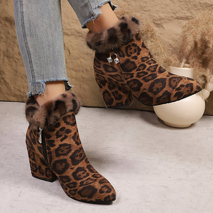Leopard print faux fur trim ankle boots, worn view