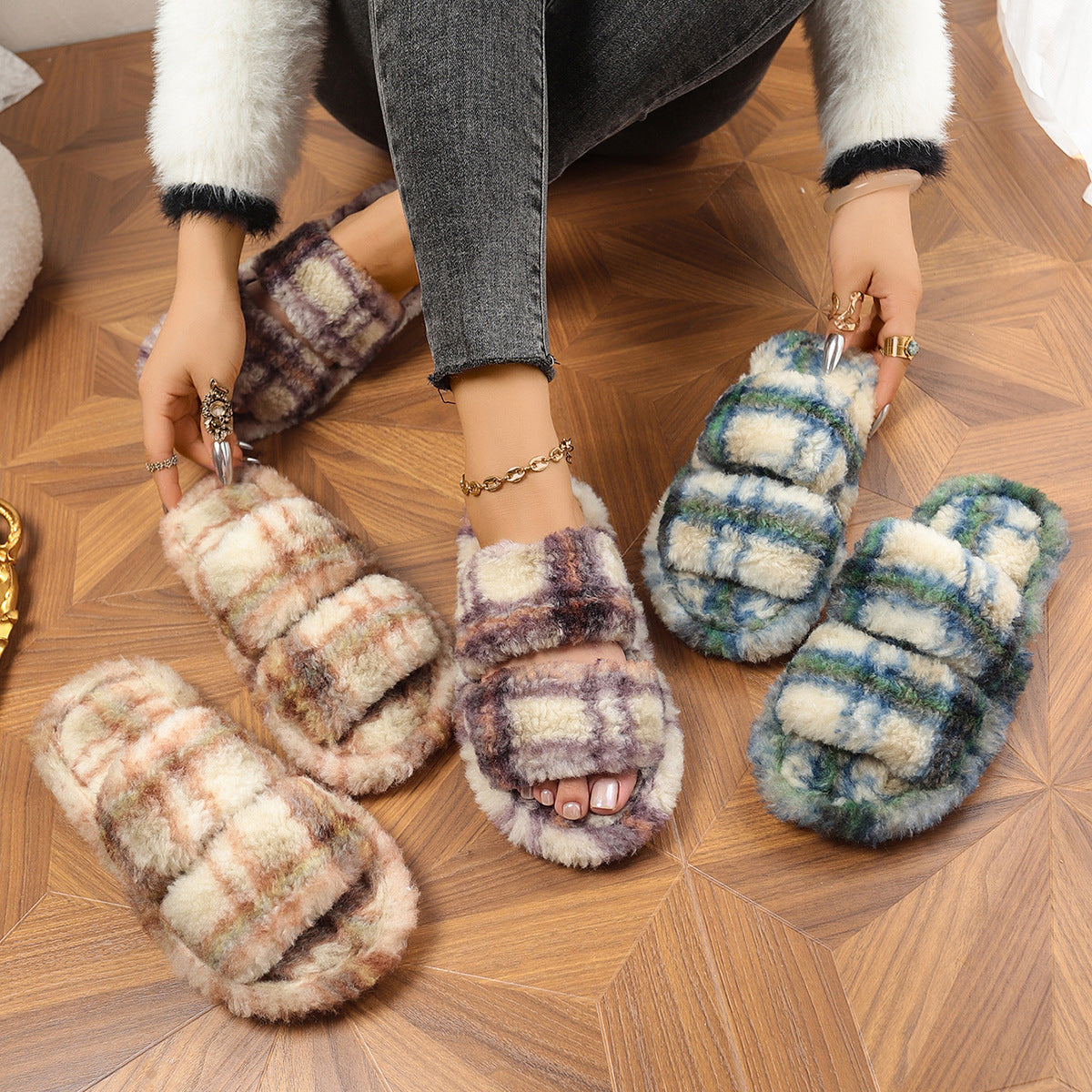 Plaid fluffy open toe slippers in three colors