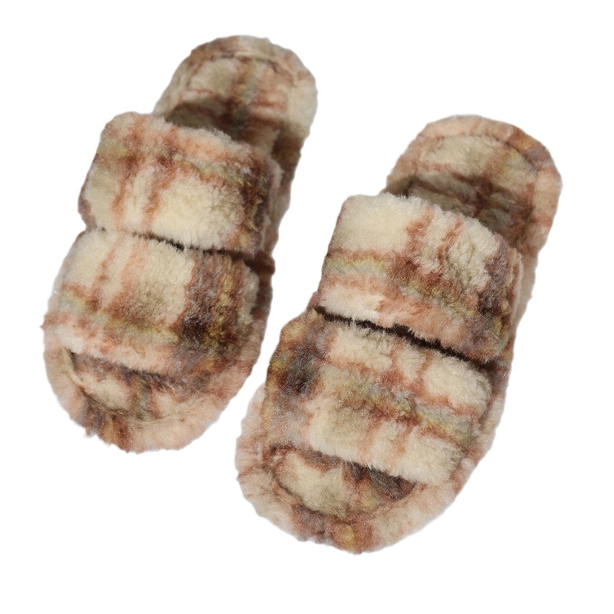 Beige plaid fluffy double strap slippers with grippy sole, product view