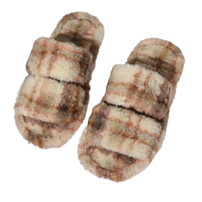 Beige plaid fluffy double strap slippers with grippy sole, product view