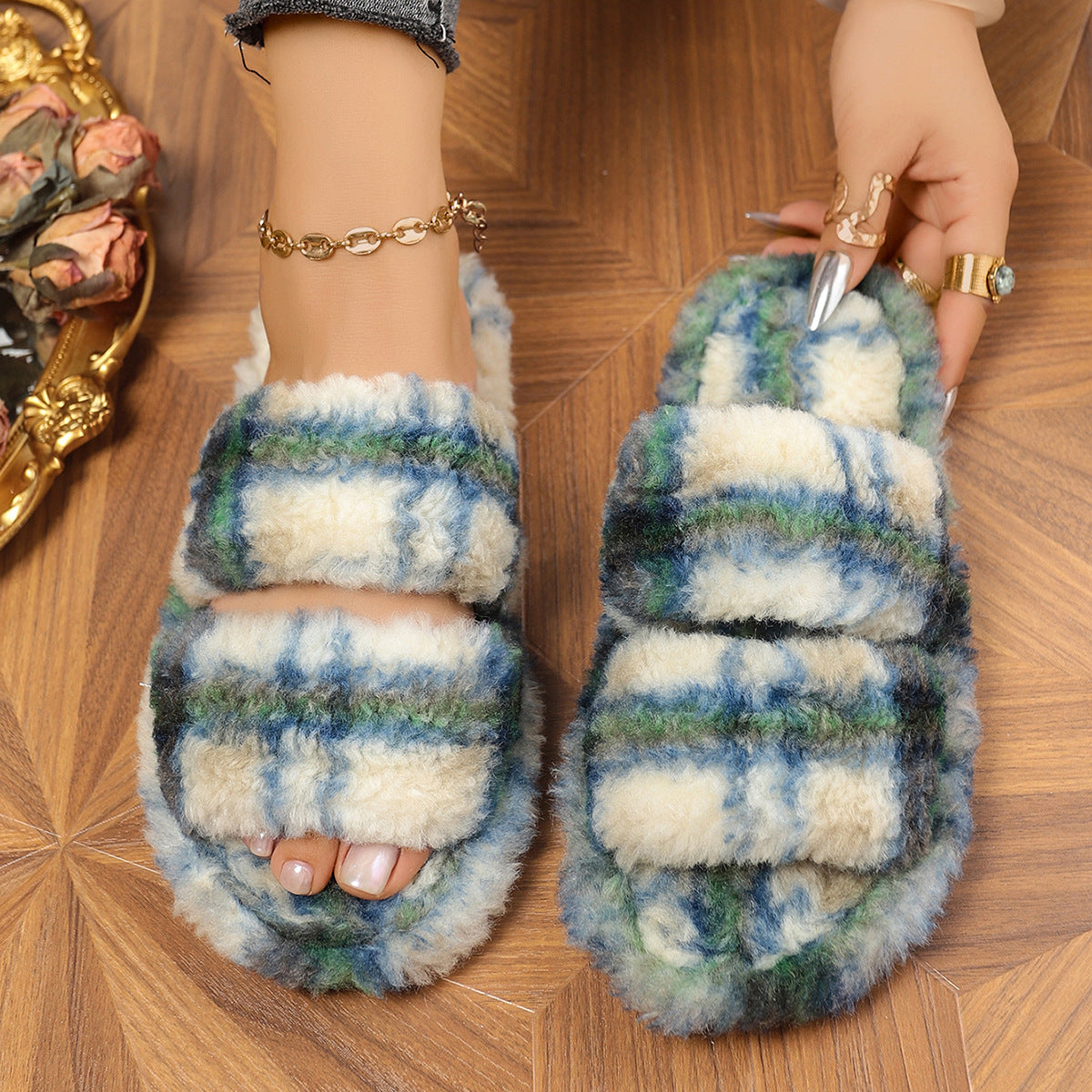 Green plaid fluffy double strap slippers, top view