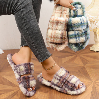 Plaid fluffy double strap slippers in two colors, worn view