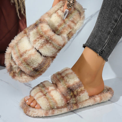 Beige plaid fluffy double strap slippers (variant Yellow), worn view