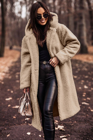 Women's beige hooded longline teddy coat, front view