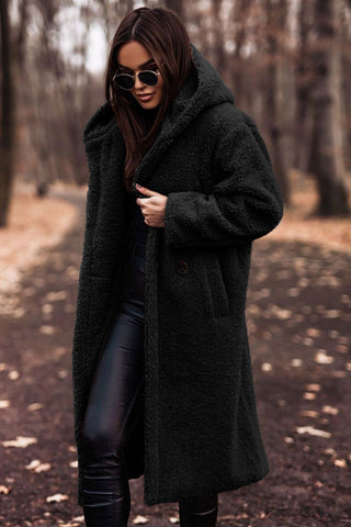 Black hooded longline teddy coat, front view