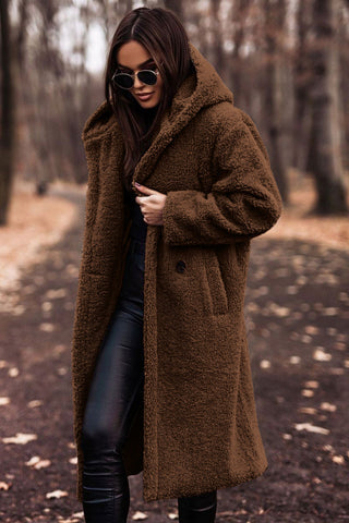 Brown hooded longline teddy coat, front view