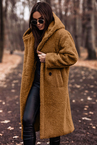 Caramel hooded longline teddy coat, front view