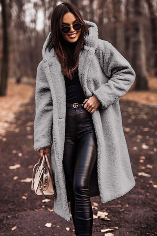 Grey hooded longline teddy coat, front view
