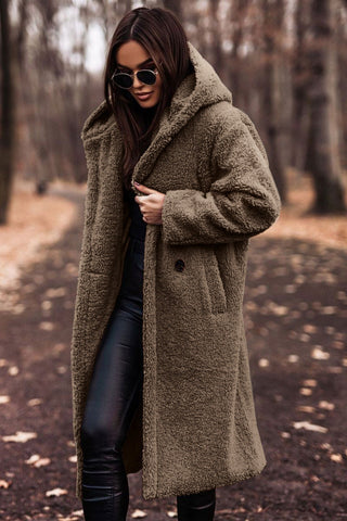 Khaki hooded longline teddy coat, front view