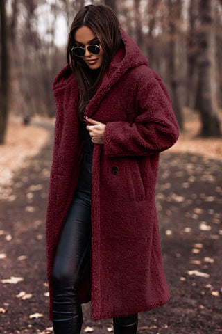 Red hooded longline teddy coat, front view