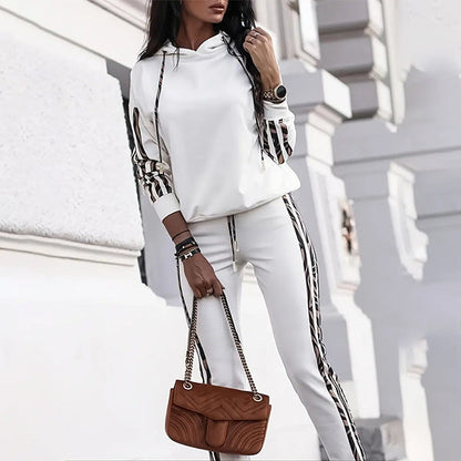 White hoodie tracksuit set with drawstring pants, front view