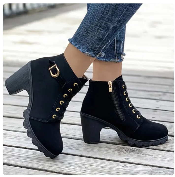 Women's black lace-up ankle boots with side zip and block heel, side view