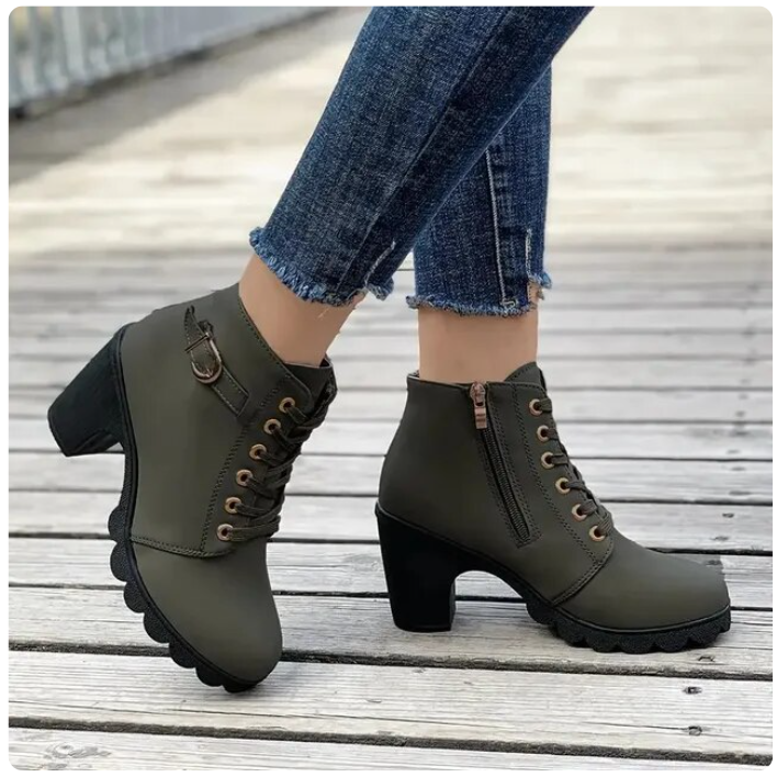 Green lace-up ankle boots, worn view