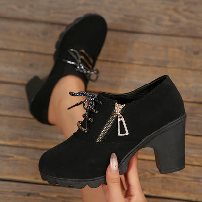 Black lace-up ankle boots with ridged sole, detail view
