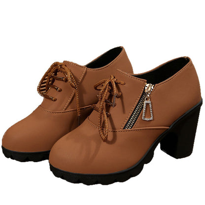 Brown lace-up ankle boots with chunky block heel, product view