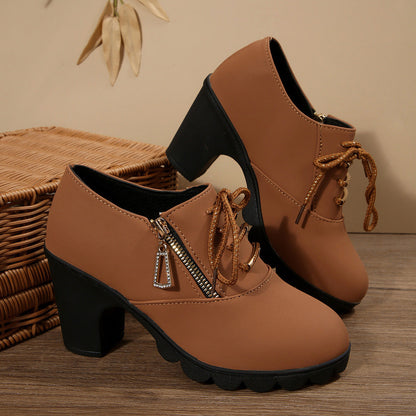 Brown lace-up block heel ankle boots, side view