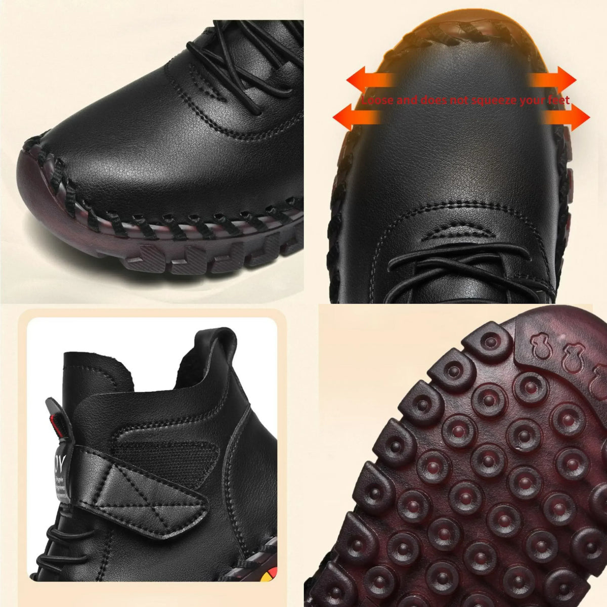 Black mid-top ankle boots, detail views