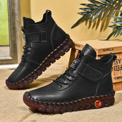 Black lace-up mid-top ankle boots, side view