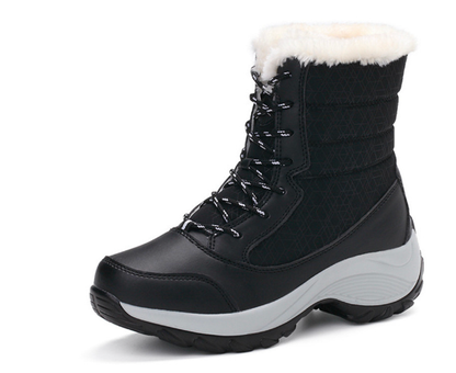 Women's black lace-up snow boots with faux fur trim, side view