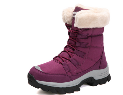 Purple lace-up snow boots with treaded sole, side view
