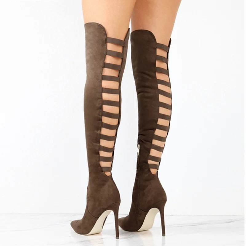 Brown over-the-knee stiletto boots with ladder cutouts