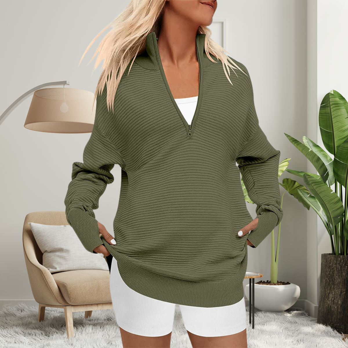 Army green oversized zip-neck sweater, front view