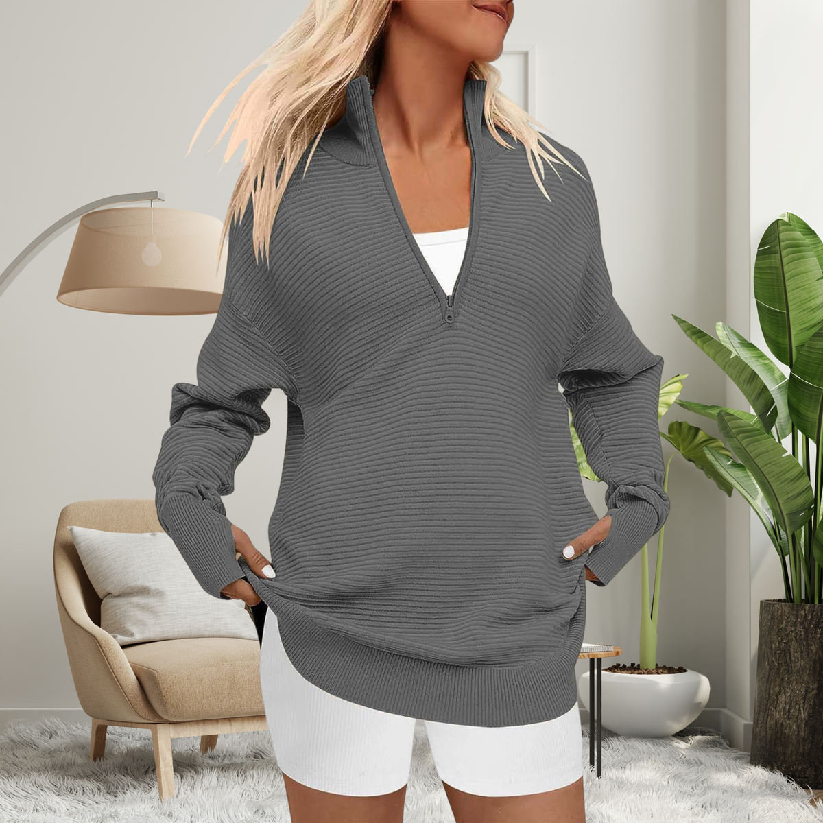 Dark gray oversized zip-neck sweater, front view
