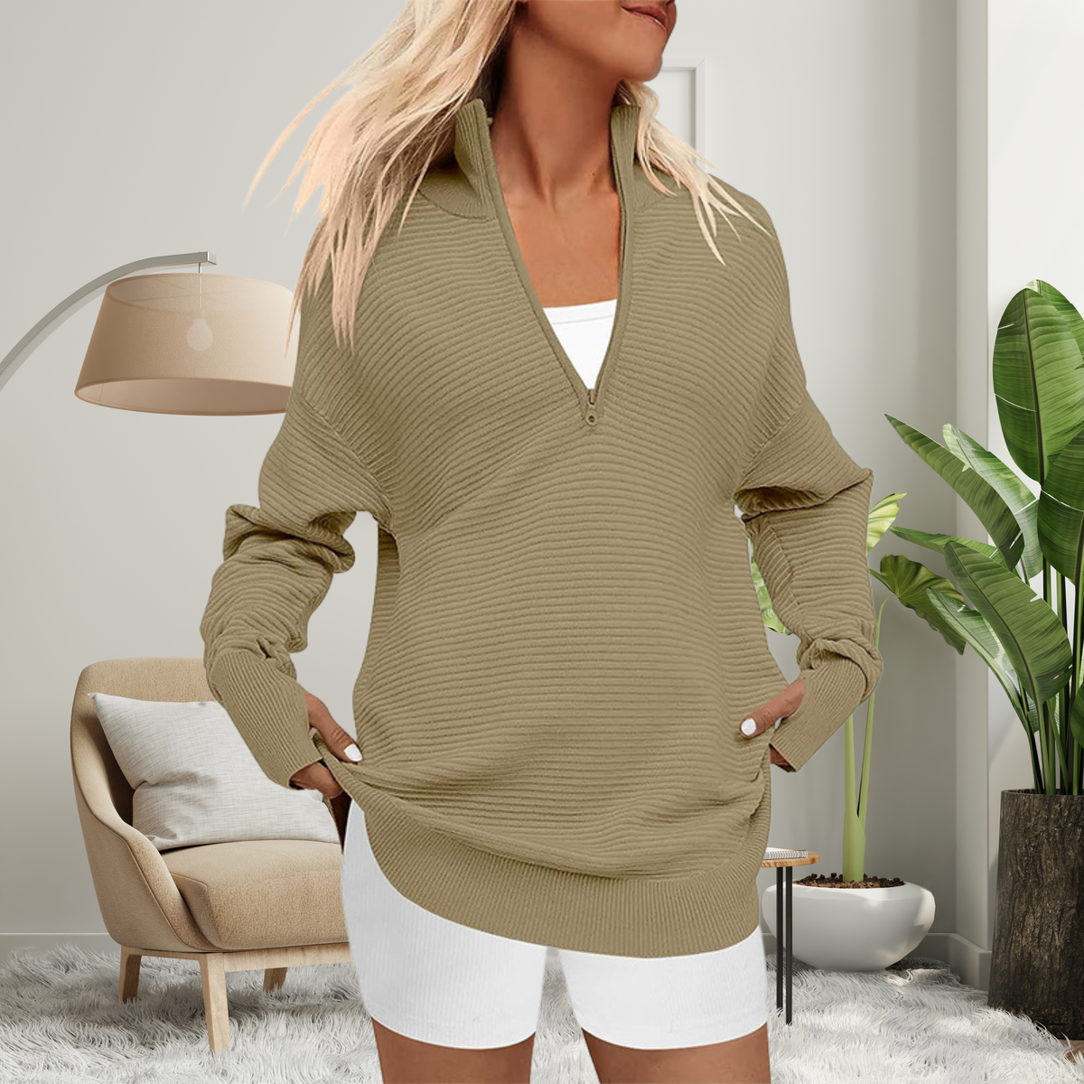 Khaki oversized zip-neck sweater, front view