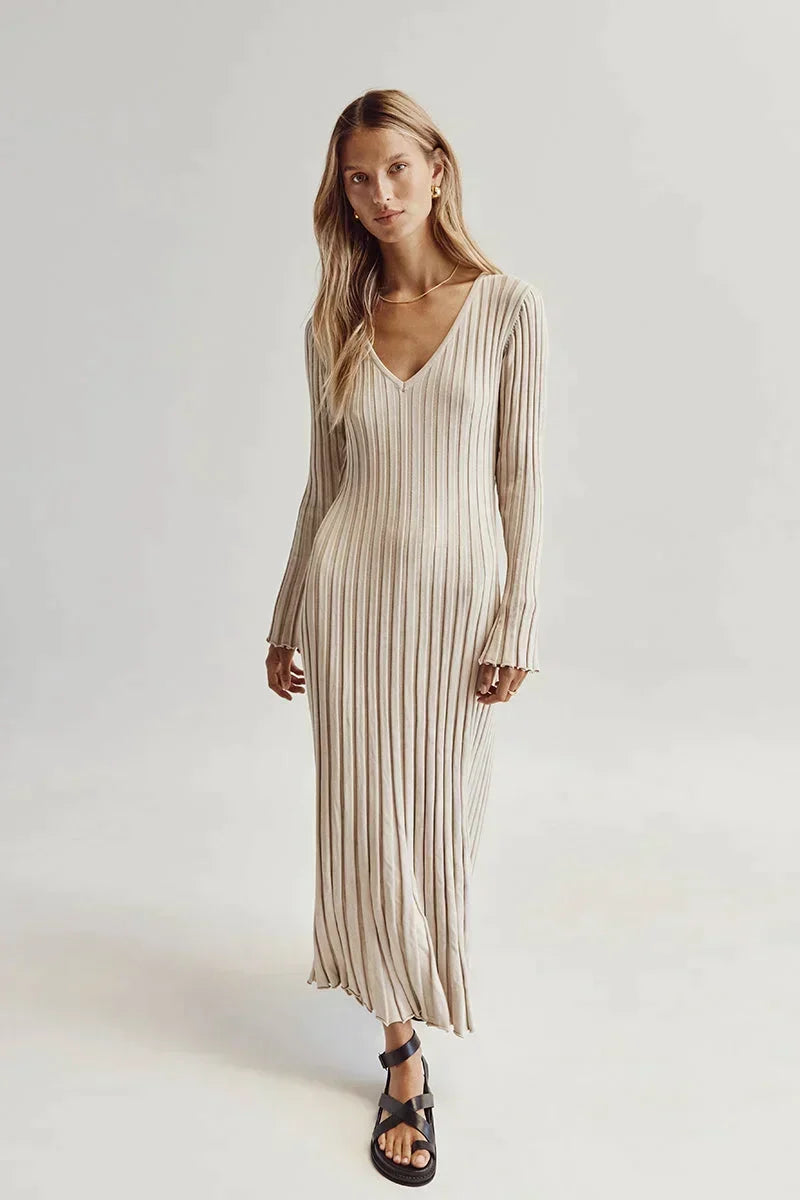 Women's beige ribbed V-neck knit maxi dress with long sleeves, front view