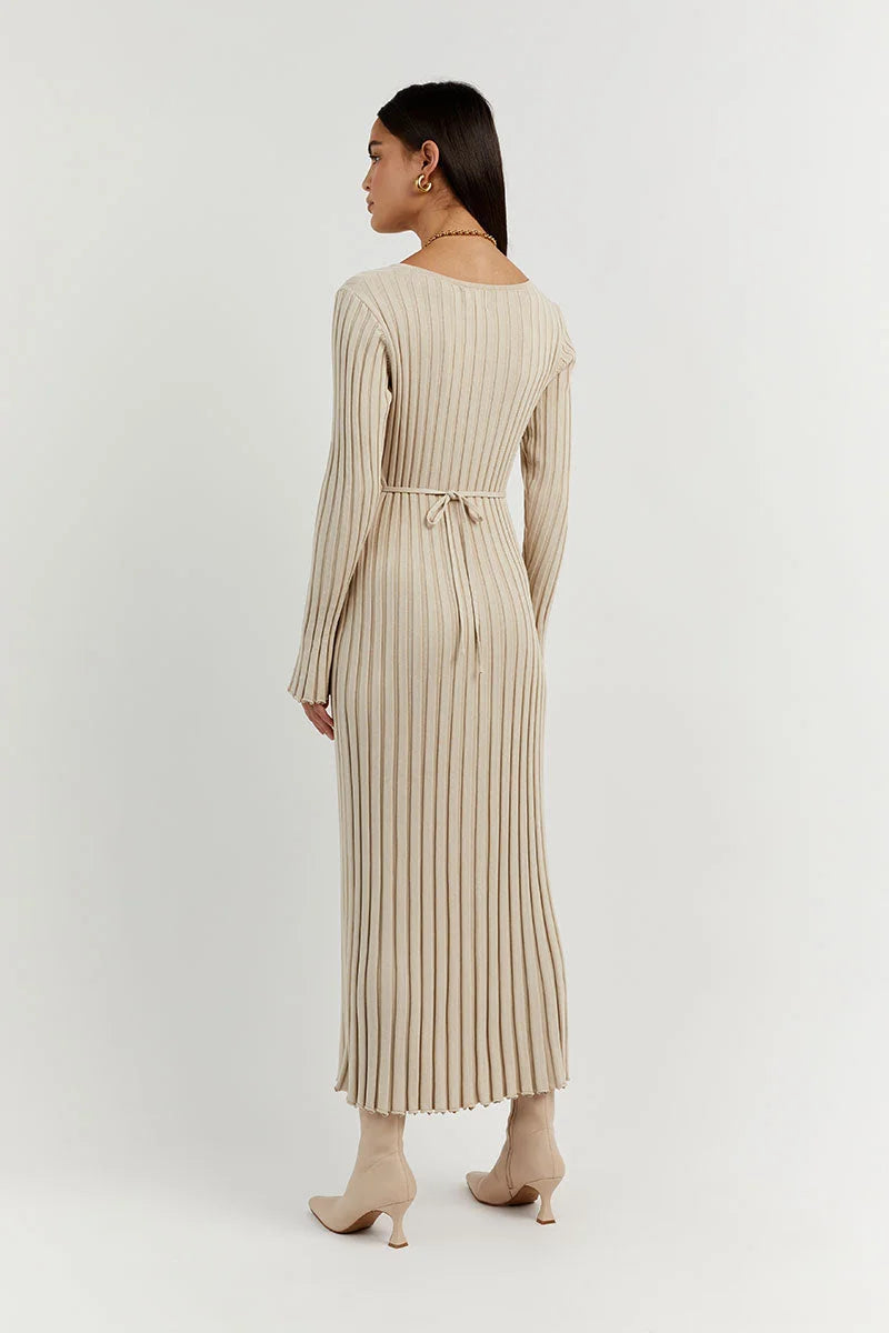 Beige ribbed knit maxi dress, side view