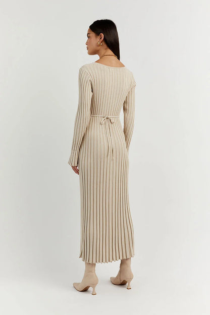 Beige ribbed knit maxi dress, side view