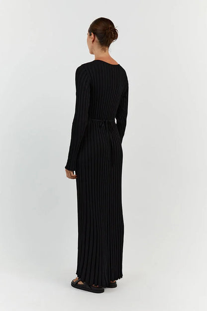 Black ribbed knit maxi dress, back view