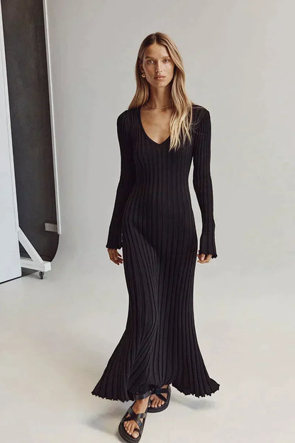 Black ribbed V-neck knit maxi dress, front view