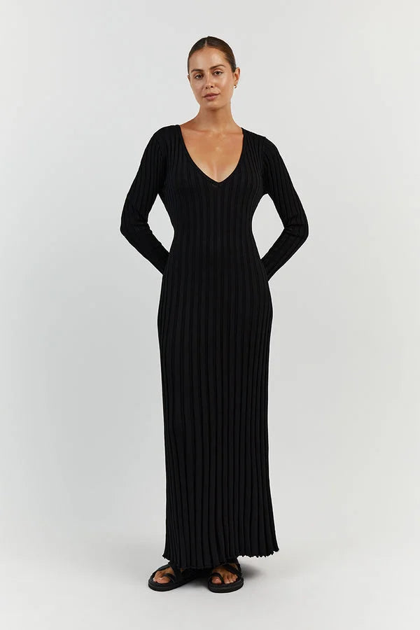 Black ribbed knit maxi dress with long sleeves, full-length view