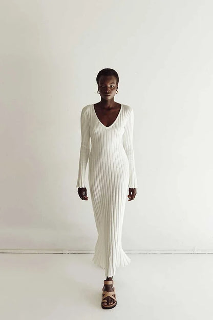 White ribbed V-neck knit maxi dress, front view