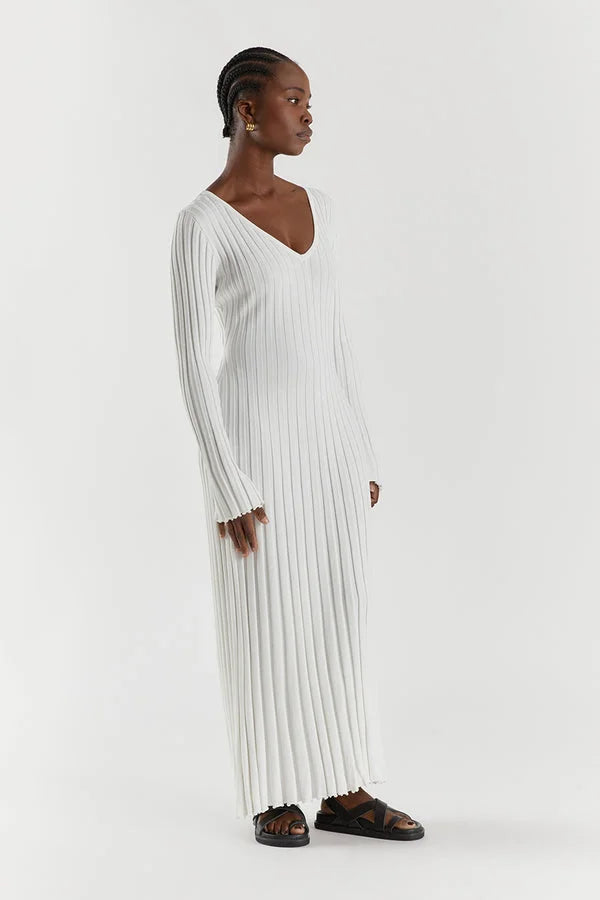 White ribbed knit maxi dress with ankle-length hem, full-length view