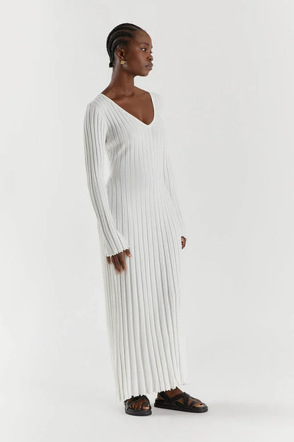 White ribbed knit maxi dress with ankle-length hem, full-length view