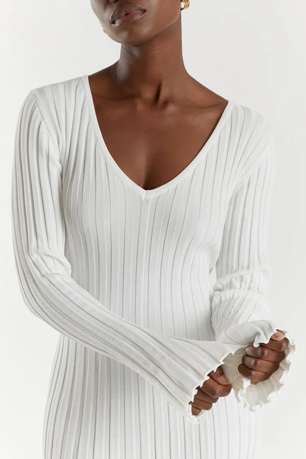 White knit maxi dress deep V-neck detail