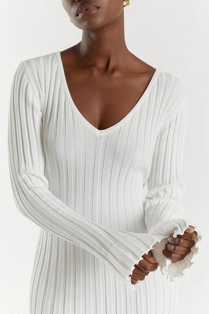 White knit maxi dress deep V-neck detail