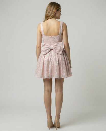 Pink sequin fit-and-flare mini dress, back view
