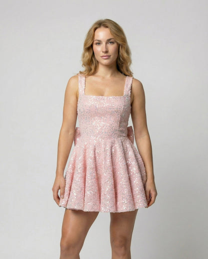 Women's pink sequin fit-and-flare mini dress with square neck, front view