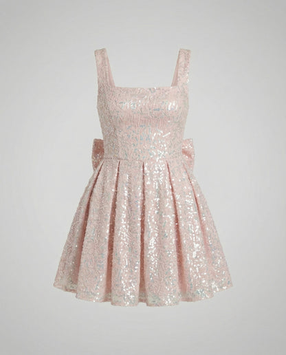 Pink sequin mini dress with square neckline, product view