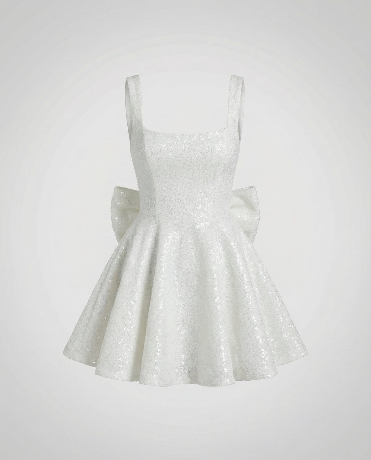 White sequin fit-and-flare mini dress with wide straps, product view