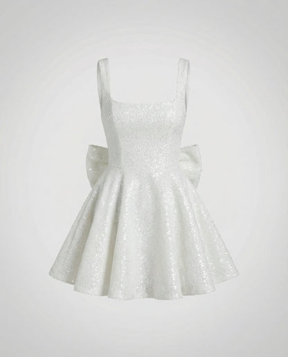 White sequin fit-and-flare mini dress with wide straps, product view