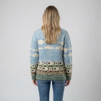 Sheep motif knit sweater, back view