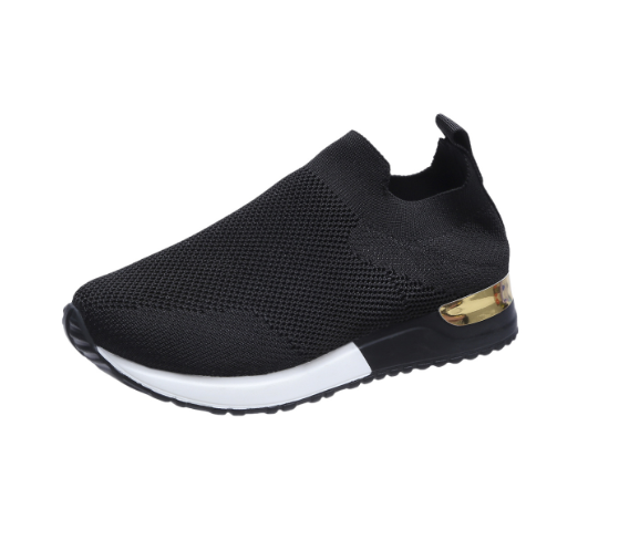 Women's black slip-on knit sneakers with cushioned heel and white sole, side view