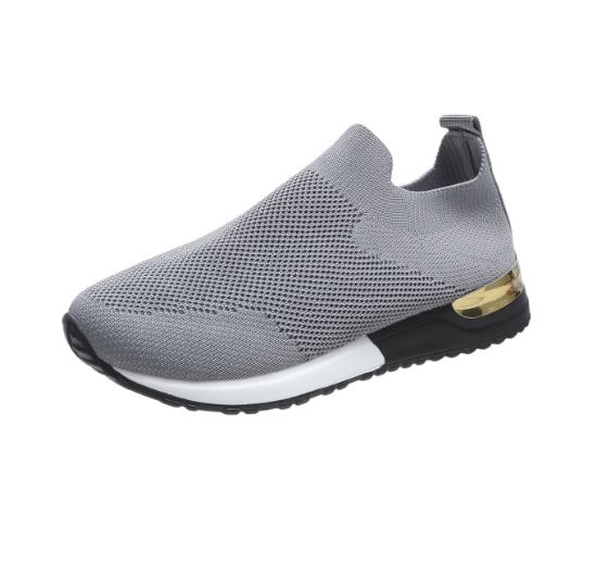 Grey slip-on knit sneakers, side view