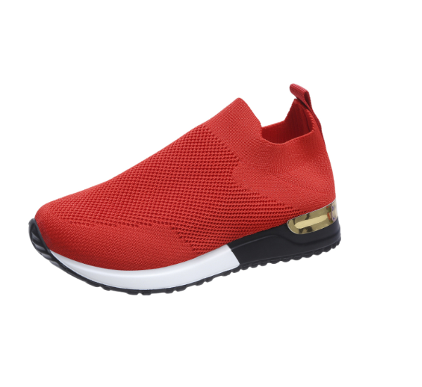 Red slip-on knit sneakers with cushioned heel, side view